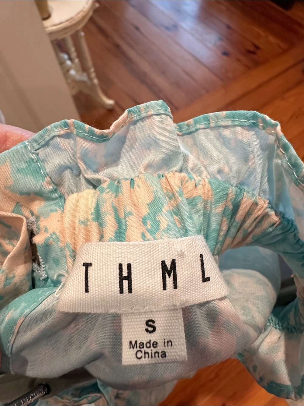 THML Aqua Tie-Dye Puff Sleeve Blouse with Pink Floral Embroidery - Picture 2 of 4